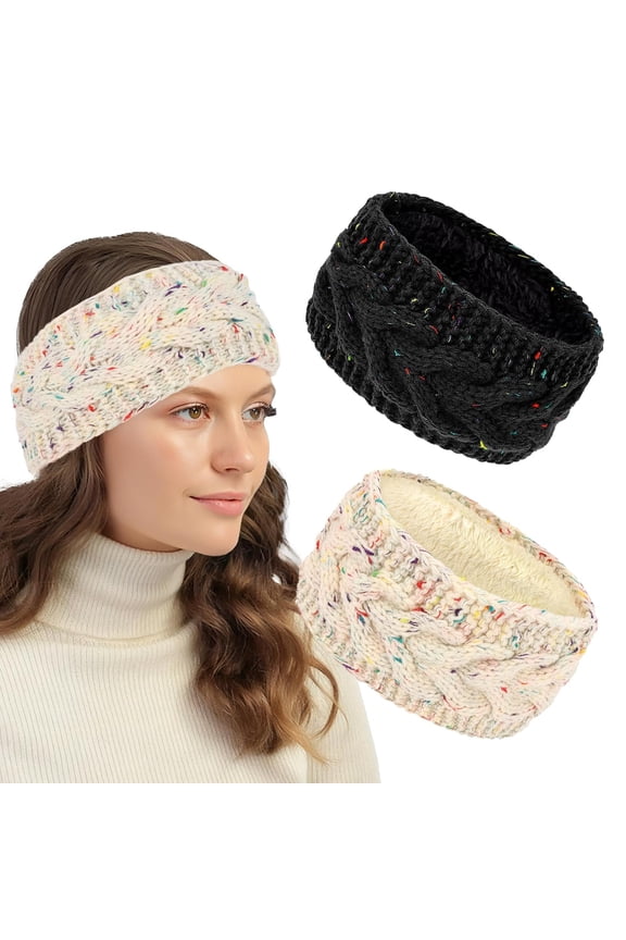 2 Pack Thickened Coral Fleece Lined Crochet Knit Non-Slip Windproof Knit Headbands for Women