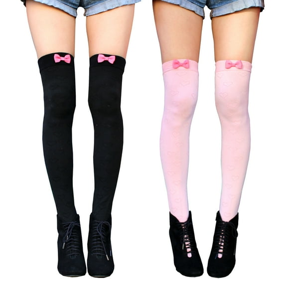 2-Pack Thigh High Sock Anime Kawaii Lolita Fairycore Clothing Gift for Women Teen Girls, Pastel Pink Bow Kpop Stockings