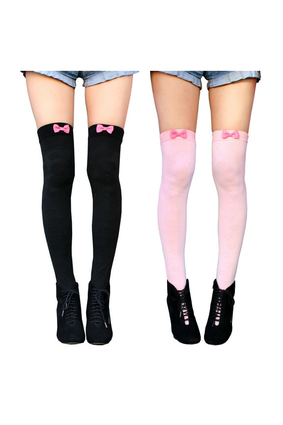 2-Pack Thigh High Sock Anime Kawaii Lolita Fairycore Clothing Gift for Women Teen Girls, Pastel Pink Bow Kpop Stockings