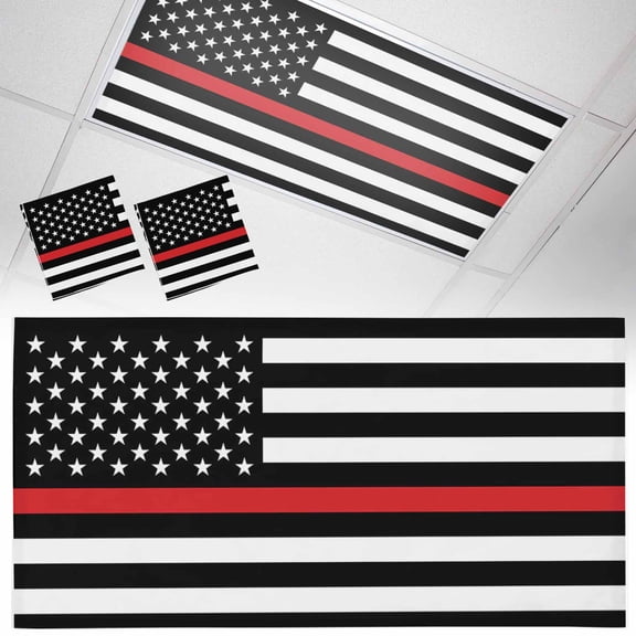 2 Pack Thin Red Fluorescent Light Covers for Ceiling Lights Line Flags American Firefighter Red Stripes Flag Magnetic Ceiling Light Covers Overhead Light Filters for Office Classroom Home