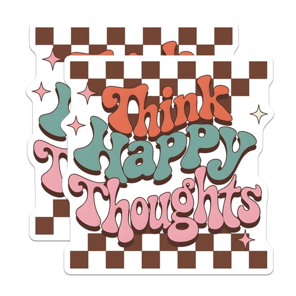 (2 Pack) Think Happy Thoughts Stickers - Retro Stickers - Positive Stickers - 5" On Longest Side - Sticks to Smooth Flat Surfaces - Made in USA - BMCS17470
