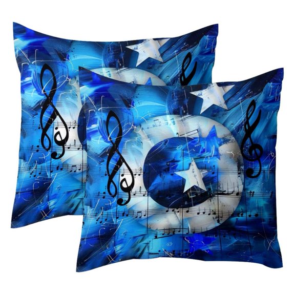 2 Pack Throw Pillow Covers Blue Music Notes Stars Decorative Pillow Cases Home Decor Square 18x18 Inches Pillowcases
