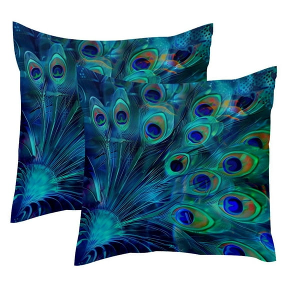 2 Pack Throw Pillow Covers Blue Peacock Feather Background Decorative Pillow Cases Home Decor Square 18x18 Inches Pillowcases