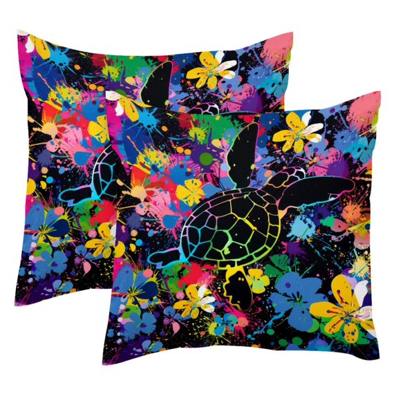 2 Pack Throw Pillow Covers Colors Splashes Turtle Flowers Pattern Decorative Pillow Cases Home Decor Square 18x18 Inches Pillowcases