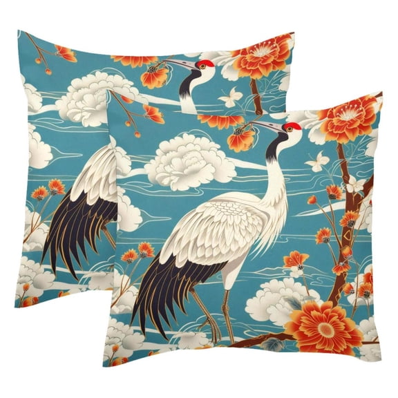 2 Pack Throw Pillow Covers Crane Red Flower Pattern Decorative Pillow Cases Home Decor Square 18x18 Inches Pillowcases