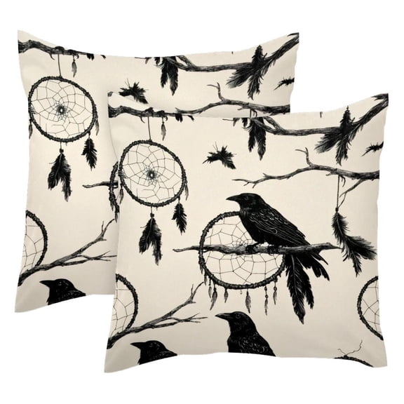 2 Pack Throw Pillow Covers Crow Catching Dreamcatcher Pattern Decorative Pillow Cases Home Decor Square 18x18 Inches Pillowcases