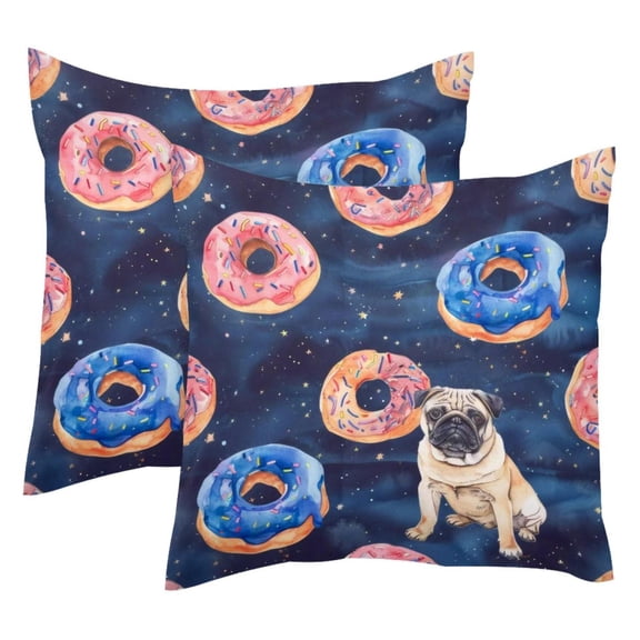 2 Pack Throw Pillow Covers Donuts Pug Dogs Galaxy Decorative Pillow Cases Home Decor Square 18x18 Inches Pillowcases