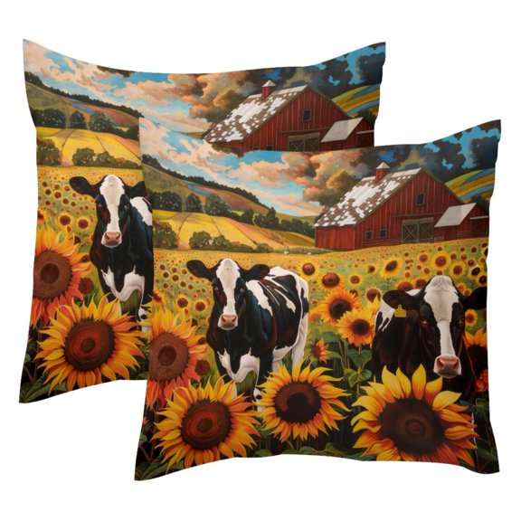 2 Pack Throw Pillow Covers Farm Cows Sunflowers Landscape Decorative Pillow Cases Home Decor Square 18x18 Inches Pillowcases