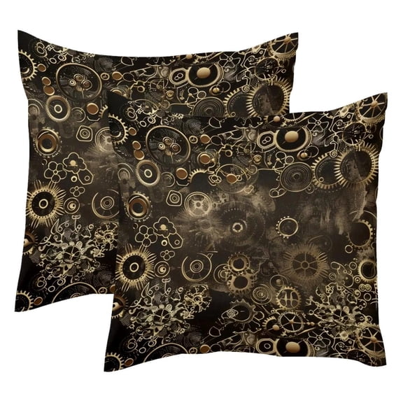 2 Pack Throw Pillow Covers Gold Steampunk Pattern Decorative Pillow Cases Home Decor Square 18x18 Inches Pillowcases