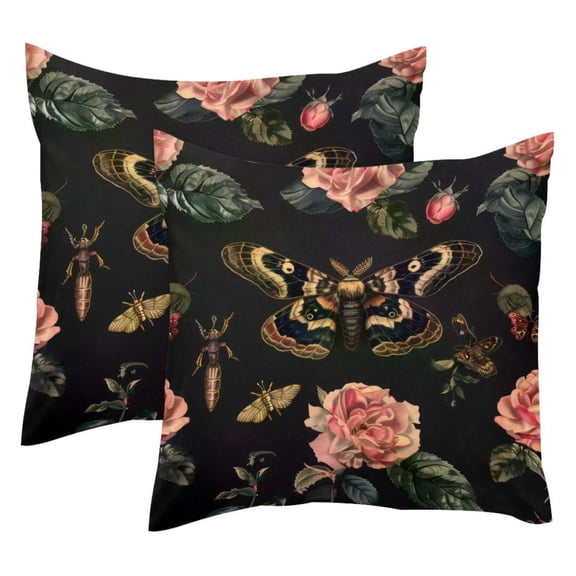 2 Pack Throw Pillow Covers Hawk Moth Rose Flowers Pattern Decorative Pillow Cases Home Decor Square 18x18 Inches Pillowcases