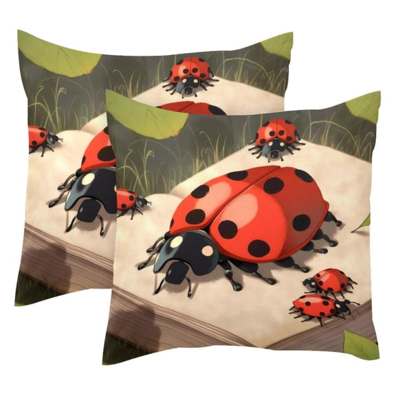 2 Pack Throw Pillow Covers Ladybug on the Book Decorative Pillow Cases Home Decor Square 18x18 Inches Pillowcases