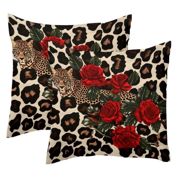 2 Pack Throw Pillow Covers Leopard Red Roses Print Decorative Pillow Cases Home Decor Square 18x18 Inches Pillowcases