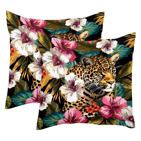 2 Pack Throw Pillow Covers Leopard with Flower Patterns Decorative Pillow Cases Home Decor Square 18x18 Inches Pillowcases