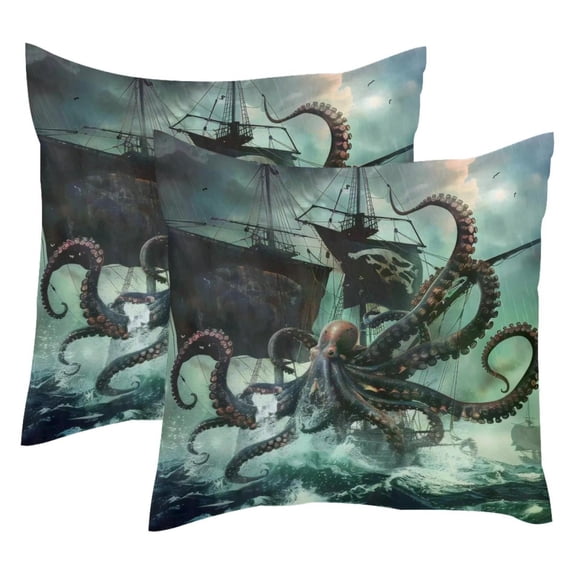 2 Pack Throw Pillow Covers Ocean Octopus Attack Nautical Ship Decorative Pillow Cases Home Decor Square 18x18 Inches Pillowcases