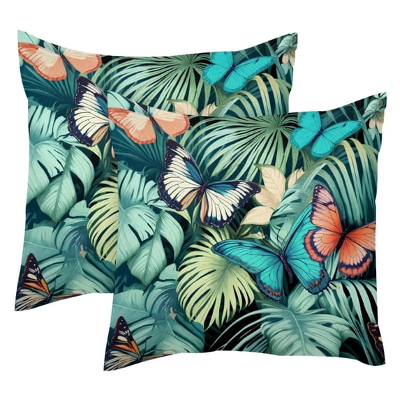 2 Pack Throw Pillow Covers Palm Leaf and Butterflies Pattern Decorative Pillow Cases Home Decor Square 18x18 Inches Pillowcases