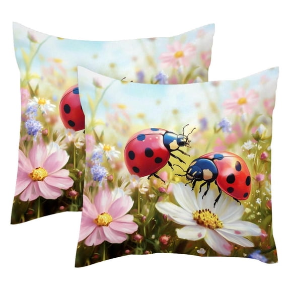 2 Pack Throw Pillow Covers Pink Ladybugs Playing Flowers Decorative Pillow Cases Home Decor Square 18x18 Inches Pillowcases