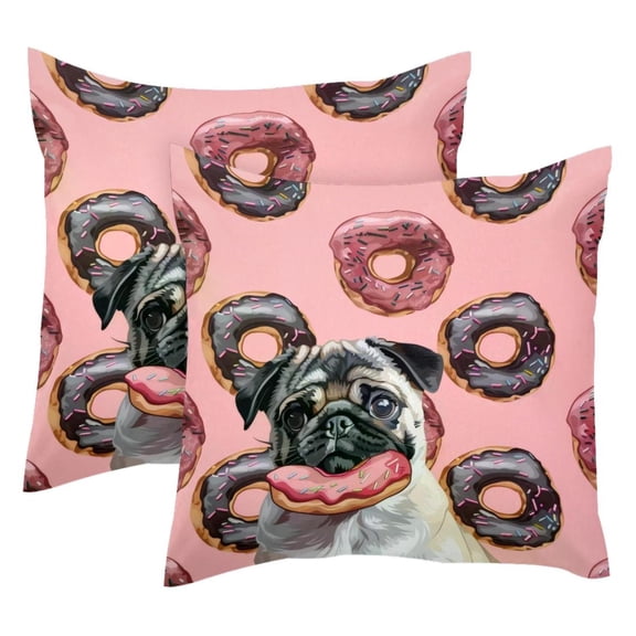 2 Pack Throw Pillow Covers Pug Dog Eating Donuts Decorative Pillow Cases Home Decor Square 18x18 Inches Pillowcases