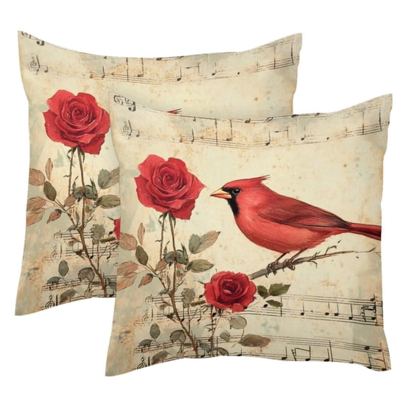 2 Pack Throw Pillow Covers Red Bird Rose Music Notes Decorative Pillow Cases Home Decor Square 18x18 Inches Pillowcases