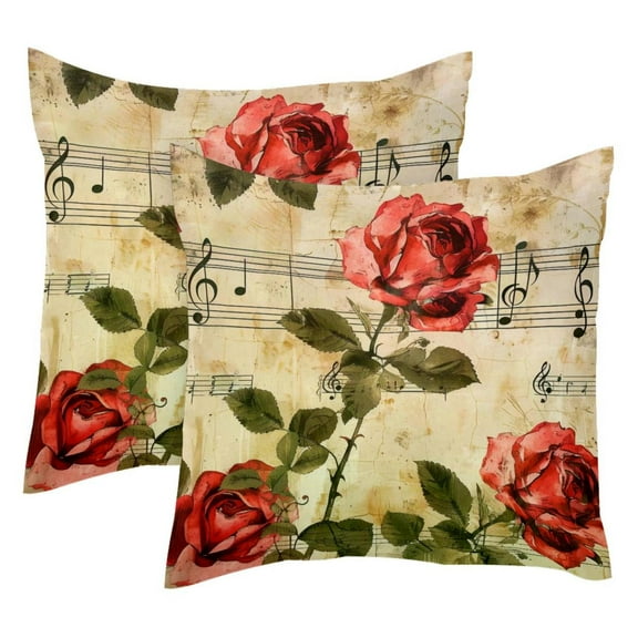 2 Pack Throw Pillow Covers Red Rose Flower Music Notes Pattern Decorative Pillow Cases Home Decor Square 18x18 Inches Pillowcases