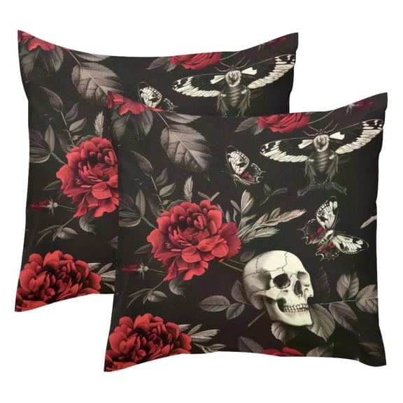 2 Pack Throw Pillow Covers Red Rose Skull Hawk Moth Pattern Decorative Pillow Cases Home Decor Square 18x18 Inches Pillowcases