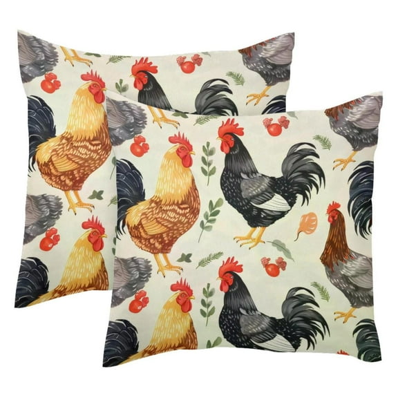 2 Pack Throw Pillow Covers Roosters Hens Chicken Pattern Decorative Pillow Cases Home Decor Square 18x18 Inches Pillowcases