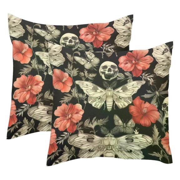 2 Pack Throw Pillow Covers Skull Hawk Moth Flower Pattern Decorative Pillow Cases Home Decor Square 18x18 Inches Pillowcases