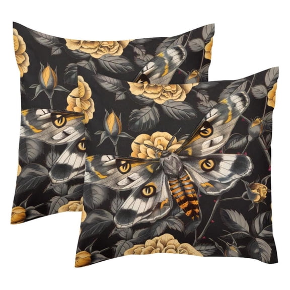 2 Pack Throw Pillow Covers Skull Hawk Moth Flower Pattern Decorative Pillow Cases Home Decor Square 18x18 Inches Pillowcases
