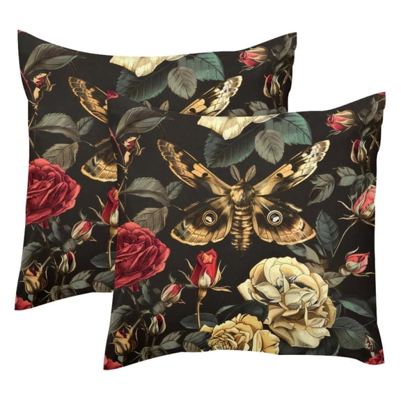 2 Pack Throw Pillow Covers Skull Hawk Moth Rose Flower Decorative Pillow Cases Home Decor Square 18x18 Inches Pillowcases