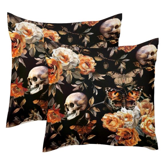 2 Pack Throw Pillow Covers Skull Hawk Moth Rose Flower Pattern Decorative Pillow Cases Home Decor Square 18x18 Inches Pillowcases