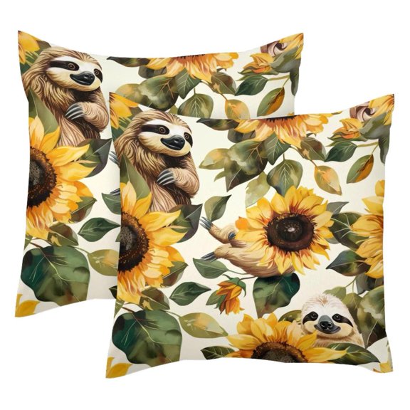 2 Pack Throw Pillow Covers Sloth Sunflower Pattern Decorative Pillow Cases Home Decor Square 18x18 Inches Pillowcases