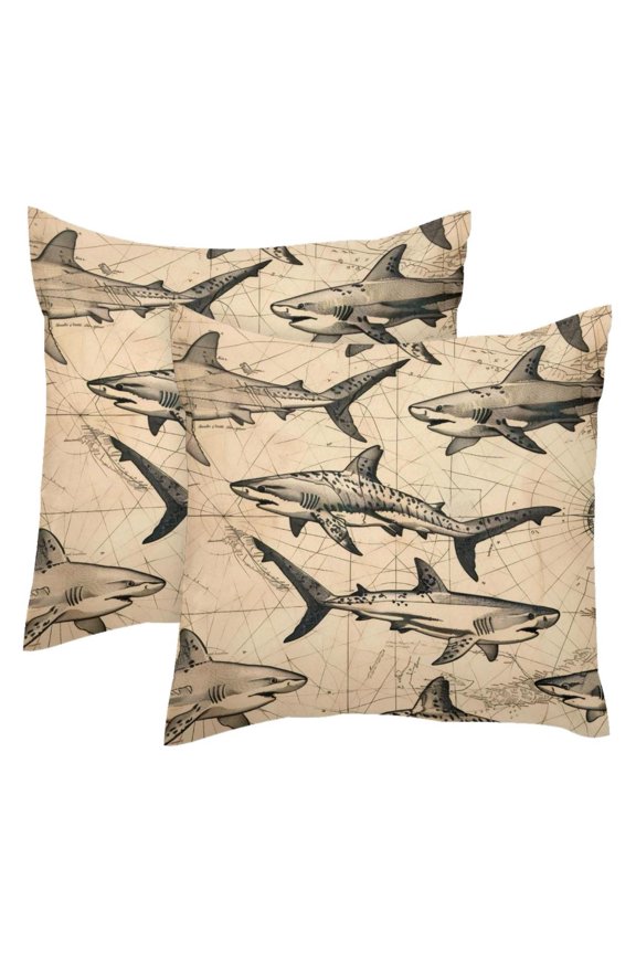2 Pack Throw Pillow Covers Vintage Map Sea Sharks Pattern Decorative Pillow Cases Home Decor Square 18x18 Inches Pillowcases