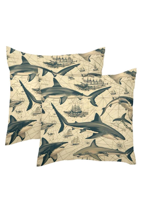 2 Pack Throw Pillow Covers Vintage Map Shark Pattern Decorative Pillow Cases Home Decor Square 18x18 Inches Pillowcases