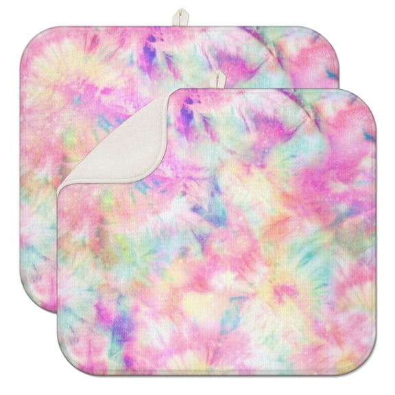 2 Pack Tie Dye Kitchen Drying Mats Super Absorbent Microfiber Dish Drying Mat, Heat Resistant Countertop Pad with 3-Layer Design, Foldable & Washable (Rainbow Tie Dye)