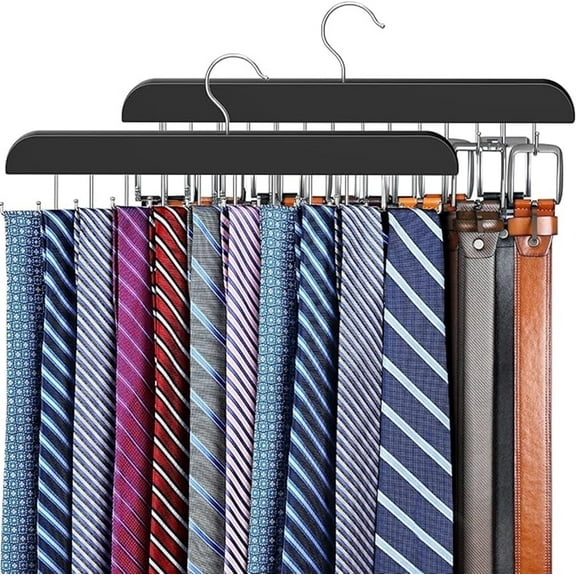 2 Pack Tie Rack & Belt Hanger 2 in 1 Tie Hanger Space Saving Max 42 Belts& 60 Ties Capacity for Closet Organizers and Storage, Sturdy Wood Belt & Tie Collection Organizer-Loopunk
