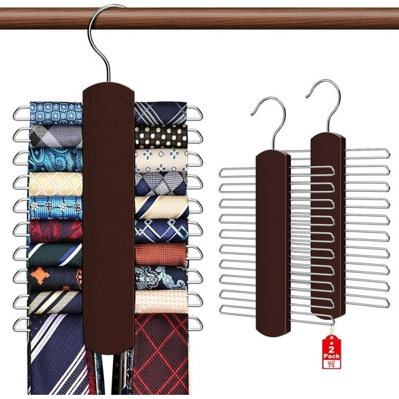2 Pack Tie Rack for Closet, Premium Wooden Necktie Organizer Storage Tie/Belt Hanger, 360 Degree Swivel Space Saving Ties Holder for Men Hanging 40 Ties, Scarves - Brown