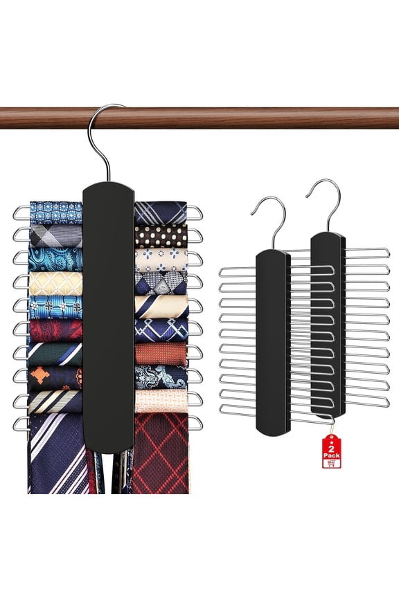 2 Pack Tie Rack for Closet, Premium Wooden Necktie Organizer Storage Tie/Belt Hanger, 360 Degree Swivel Space Saving Ties Holder for Men Hanging 40 Ties, Scarves Red