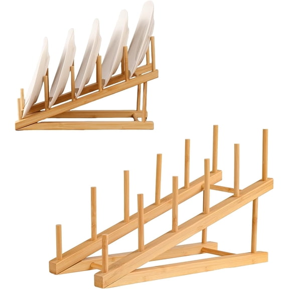 2 Pack Tiered Display Stand Wooden Plate Rack, 5-Tier Plate Stands For Display Book Display Stand for Platter Cutting Board Pot Lid