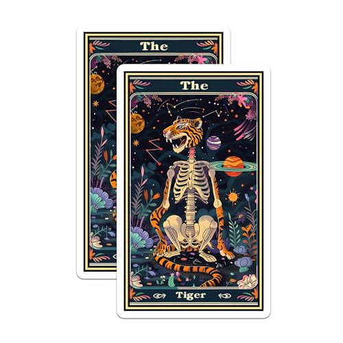 (2 Pack) Tiger Skeleton Magnets - Tarot Card Magnet - Animal Illustration - Space Theme - 5" On Longest Side - for Cars, Fridges, Toolboxes - Made in USA - MAG3637