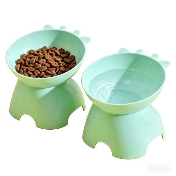 2 Pack Tilted Elevated Cat Bowl, Whisker-Friendly Anti-Vomiting Slanted Feeding Bowl, Cute Raised Cat Food Water Bowl for Cats, Green
