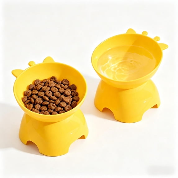 2 Pack Tilted Elevated Cat Bowl, Whisker-Friendly Anti-Vomiting Slanted Feeding Bowl, Cute Raised Cat Food Water Bowl for Cats, Yellow