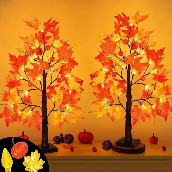 [2 Pack & Timer] 24 Inch Artificial Fall Lighted Maple Tree with 24 LED Lights Battery Operated Tabletop Maple Tree for Indoor Home Harvest Thanksgiving Fall Decorations