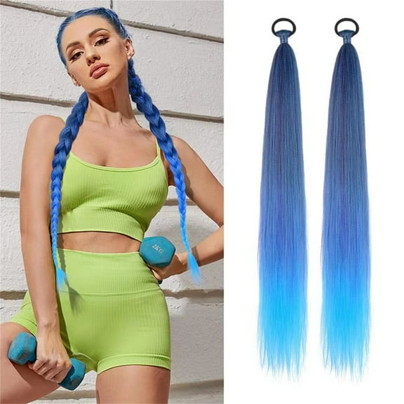 2 Pack Tinsel Long Braid Ponytail Extensions with Hair Elastic Tie,26" Gradient Blend Hair Extensions,Colored Braided Ponytail,DIY Straight Sleek Wrap Around Hairpiece for Women Festival Wacky Rave
