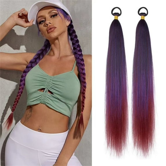 2 Pack Tinsel Long Braid Ponytail Extensions with Hair Elastic Tie,26" Gradient Blend Hair Extensions,Colored Braided Ponytail,DIY Straight Sleek Wrap Around Hairpiece for Women Festival Wacky Rave