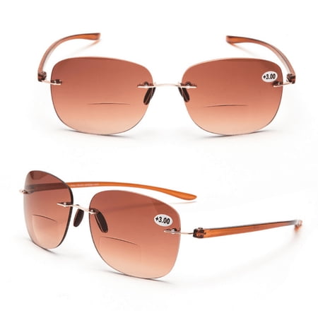 2 Pack Tinted Bifocals Reading Glasses Rimless Sunglasses Readers