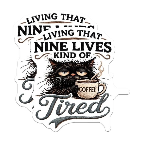 (2 Pack) Tired Black Cat Magnets - Nine Lives Coffee Lover Humor - Grumpy Feline Fridge Kitchen Locker Home Office Decor - 5 Inches On Longest Side - Thick Durable Magnet - Made in USA - MAG22888