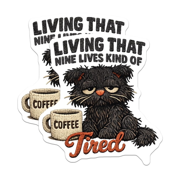 (2 Pack) Tired Cat Magnets - Grumpy Feline Coffee Lover Refrigerator Decor - Living Nine Lives Kitty Humor Animal Art - 5 Inches On Longest Side - Thick Durable Magnet - Made in USA - MAG22218