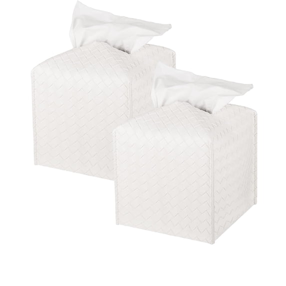 2 Pack Tissue Box Cover, Refined PU Leather Square Holder, Cube Decorative Organizer for Bathroom Vanity Countertop, Night Stands, Office Desk & Car, 5"x5"x5", White