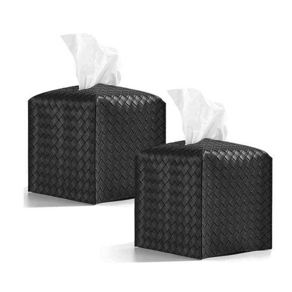 2 Pack Tissue Box Holder, Tissue Box Cover Square, PU Leather Tissues Cube Box Cover, Decorative Woven Facial Tissue Holder on Table and Bathroom (Black Square)