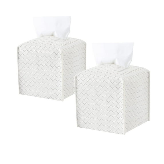 2 Pack Tissue Box Holder, Tissue Box Cover Square, PU Leather Tissues Cube Box Cover, Decorative Woven Facial Tissue Holder on Table and Bathroom (White Square)