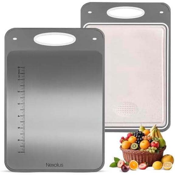 2 Pack Titanium Cutting Board Set Double Sided - 16x11" + 14x9" - Stainless Steel Cutting Board for kitchen with Deep Juice Groove, Built-In Measurement Scale, Garlic Grater, & Easy to Clean